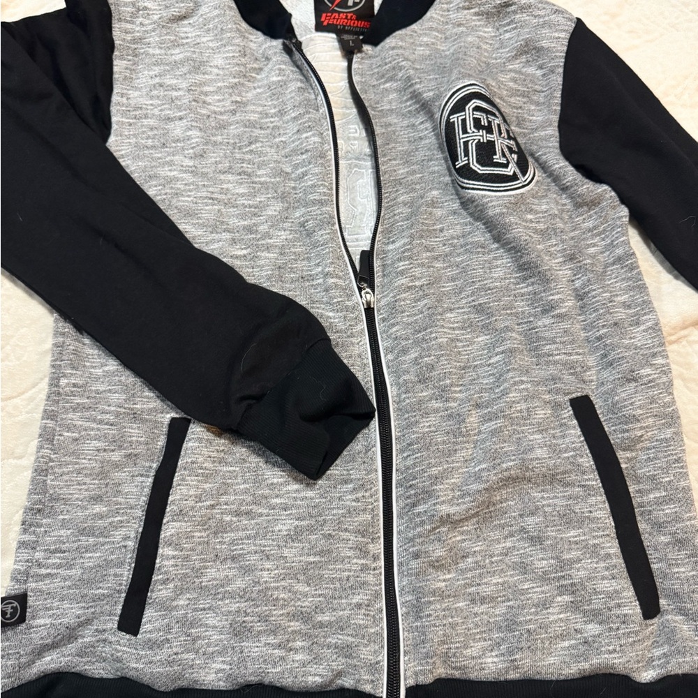 Affliction Men’s Fast and Furious Breakout Bomber Gray and Black Zip-Up Jacket